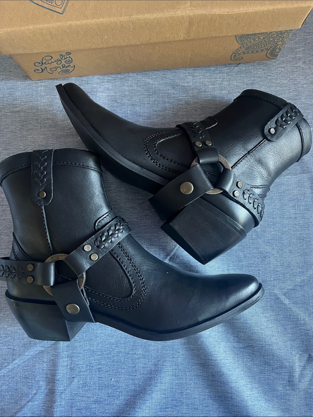 Naughty Monkey Smithy Women's Black Western Harness Ankle Boots size 7.5